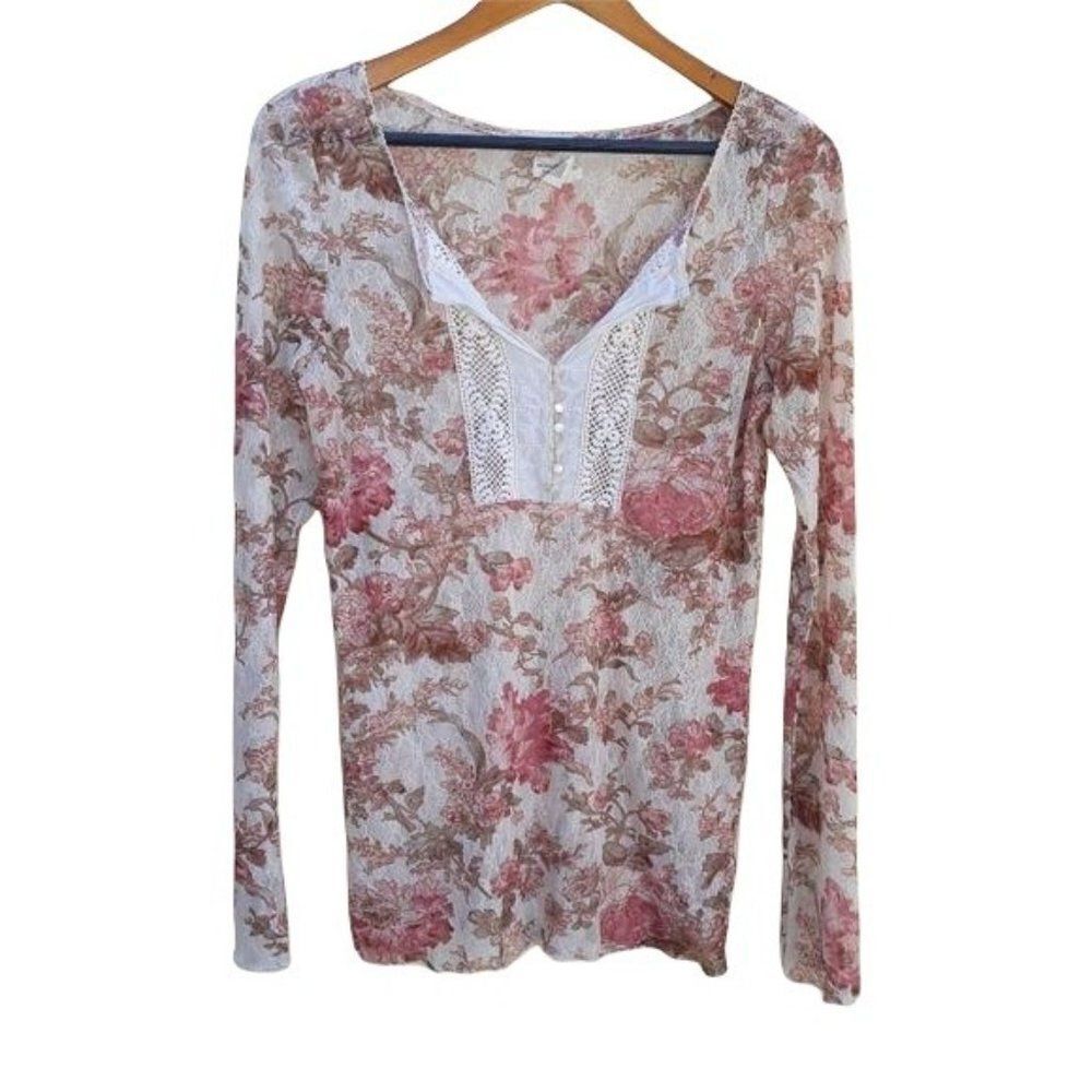 Vtg 90's Sheer Romantic Feminine Blouse Sz L Cottage Fairy Lace Bib‎ Pink Floral